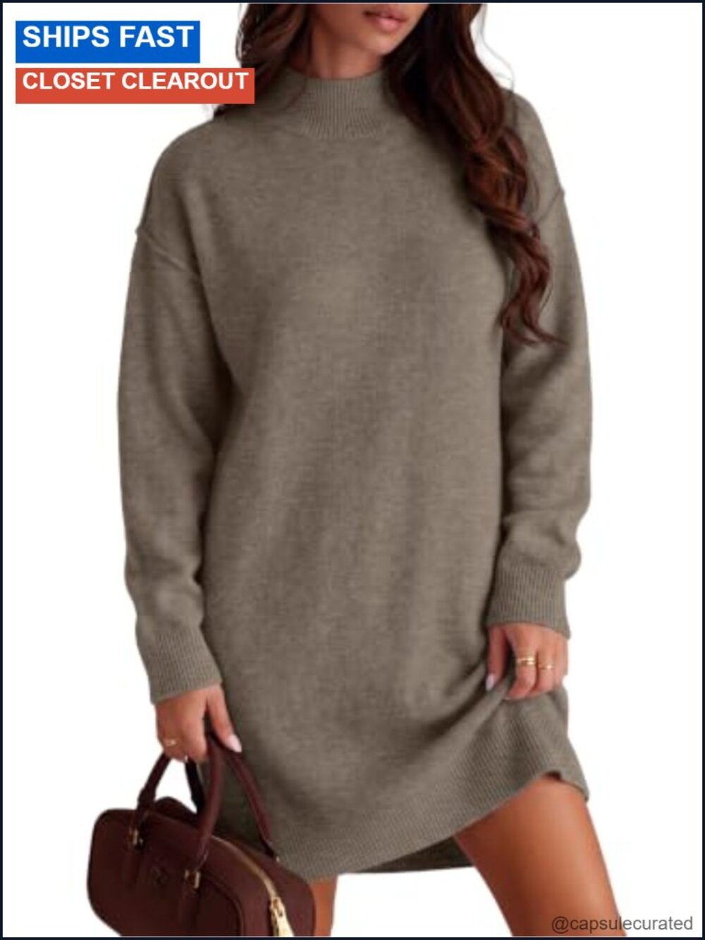 Women's Oversized Knit Sweater Dress Long Sleeve Casual Mock Neck